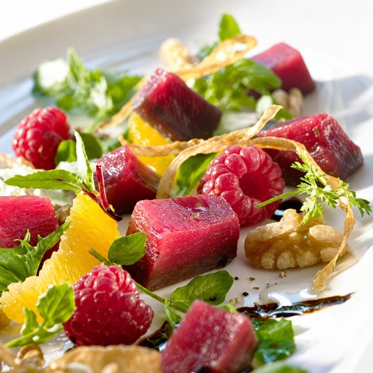 Brined and seared venison with berries and nuts Graham Brown